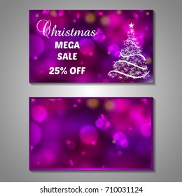 Set of stylized Christmas tree invitation, flyer, sale, discont card template. Merry Christmas decorative bokeh background. Use for internet sites, gift cards, flyers, presentations. Front, back page