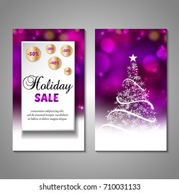 Set of stylized Christmas tree invitation, flyer, sale, discont card template. Merry Christmas decorative bokeh background. Use for internet sites, gift cards, flyers, presentations. Front, back page