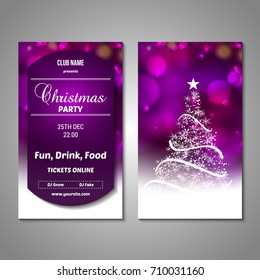 Set of stylized Christmas tree invitation, flyer, sale, discont card template. Merry Christmas decorative bokeh background. Use for internet sites, gift cards, flyers, presentations. Front, back page