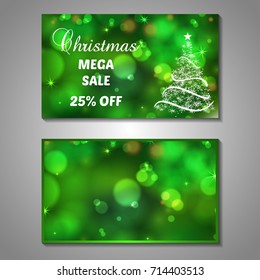 Set of stylized Christmas tree invitation, flyer, sale, discont card template. Merry Christmas decorative bokeh background. Use for internet sites, gift cards, flyers, presentations. Front, back page