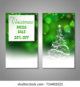Set of stylized Christmas tree invitation, flyer, sale, discont card template. Merry Christmas decorative bokeh background. Use for internet sites, gift cards, flyers, presentations. Front, back page