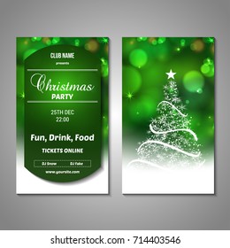 Set of stylized Christmas tree invitation, flyer, sale, discont card template. Merry Christmas decorative bokeh background. Use for internet sites, gift cards, flyers, presentations. Front, back page