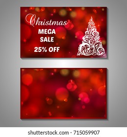 Set of stylized Christmas tree invitation, flyer, sale, discont card template. Merry Christmas decorative bokeh background. Use for internet sites, gift cards, flyers, presentations. Front, back page