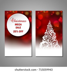 Set of stylized Christmas tree invitation, flyer, sale, discont card template. Merry Christmas decorative bokeh background. Use for internet sites, gift cards, flyers, presentations. Front, back page