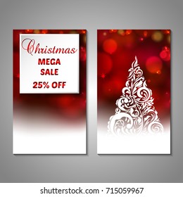 Set of stylized Christmas tree invitation, flyer, sale, discont card template. Merry Christmas decorative bokeh background. Use for internet sites, gift cards, flyers, presentations. Front, back page