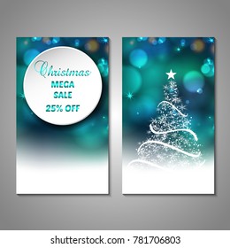 Set of stylized Christmas tree invitation, flyer, sale, discont card template. Merry Christmas decorative bokeh background. Use for internet sites, gift cards, flyers, presentations. Front, back page