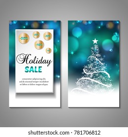 Set of stylized Christmas tree invitation, flyer, sale, discont card template. Merry Christmas decorative bokeh background. Use for internet sites, gift cards, flyers, presentations. Front, back page