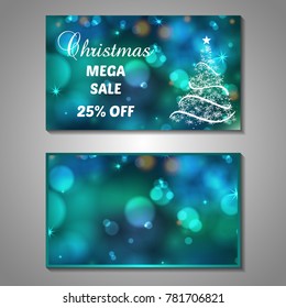 Set of stylized Christmas tree invitation, flyer, sale, discont card template. Merry Christmas decorative bokeh background. Use for internet sites, gift cards, flyers, presentations. Front, back page
