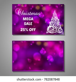 Set of stylized Christmas tree invitation, flyer, sale, discont card template. Merry Christmas decorative bokeh background. Use for internet sites, gift cards, flyers, presentations. Front, back page