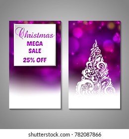 Set of stylized Christmas tree invitation, flyer, sale, discont card template. Merry Christmas decorative bokeh background. Use for internet sites, gift cards, flyers, presentations. Front, back page