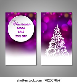 Set of stylized Christmas tree invitation, flyer, sale, discont card template. Merry Christmas decorative bokeh background. Use for internet sites, gift cards, flyers, presentations. Front, back page