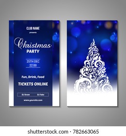 Set of stylized Christmas tree invitation, flyer, sale, discont card template. Merry Christmas decorative bokeh background. Use for internet sites, gift cards, flyers, presentations. Front, back page