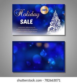 Set of stylized Christmas tree invitation, flyer, sale, discont card template. Merry Christmas decorative bokeh background. Use for internet sites, gift cards, flyers, presentations. Front, back page