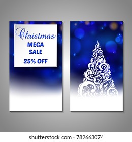 Set of stylized Christmas tree invitation, flyer, sale, discont card template. Merry Christmas decorative bokeh background. Use for internet sites, gift cards, flyers, presentations. Front, back page