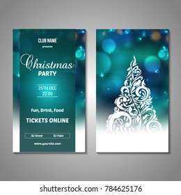 Set of stylized Christmas tree invitation, flyer, sale, discont card template. Merry Christmas decorative bokeh background. Use for internet sites, gift cards, flyers, presentations. Front, back page