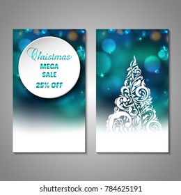 Set of stylized Christmas tree invitation, flyer, sale, discont card template. Merry Christmas decorative bokeh background. Use for internet sites, gift cards, flyers, presentations. Front, back page
