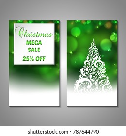 Set of stylized Christmas tree invitation, flyer, sale, discont card template. Merry Christmas decorative bokeh background. Use for internet sites, gift cards, flyers, presentations. Front, back page