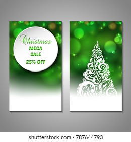 Set of stylized Christmas tree invitation, flyer, sale, discont card template. Merry Christmas decorative bokeh background. Use for internet sites, gift cards, flyers, presentations. Front, back page