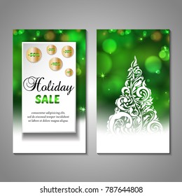 Set of stylized Christmas tree invitation, flyer, sale, discont card template. Merry Christmas decorative bokeh background. Use for internet sites, gift cards, flyers, presentations. Front, back page