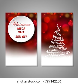 Set of stylized Christmas tree invitation, flyer, sale, discont card template. Merry Christmas decorative bokeh background. Use for internet sites, gift cards, flyers, presentations. Front, back page