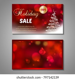 Set of stylized Christmas tree invitation, flyer, sale, discont card template. Merry Christmas decorative bokeh background. Use for internet sites, gift cards, flyers, presentations. Front, back page