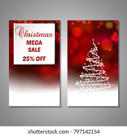 Set of stylized Christmas tree invitation, flyer, sale, discont card template. Merry Christmas decorative bokeh background. Use for internet sites, gift cards, flyers, presentations. Front, back page