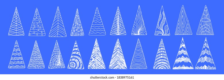 Set of stylized Christmas trees, abstract imitation. Different textures, hand-drawing. Vector illustration.