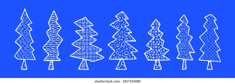 Set of stylized Christmas trees, abstract imitation. Different textures, hand-drawing. Vector illustration.