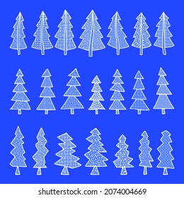 Set of stylized Christmas trees, abstract imitation. Different textures, hand-drawing. Vector illustration.