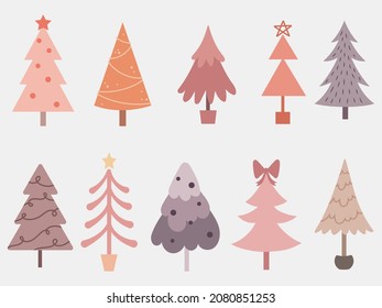 Set of stylized Christmas trees. Collection of various boho holidays trees. Vector illustration of festive forest elements. New Year decoration.
