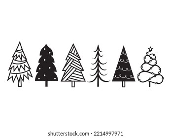 Set of stylized Christmas trees. Collection of various holidays trees. Vector illustration of holidays forest elements. New Year.