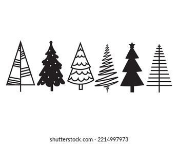 Set of stylized Christmas trees. Collection of various holidays trees. Vector illustration of holidays forest elements. New Year.