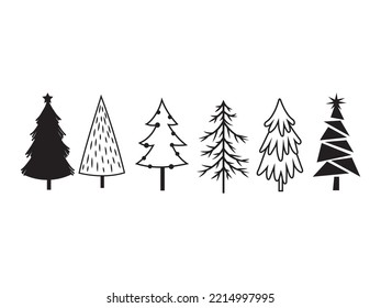 Set of stylized Christmas trees. Collection of various holidays trees. Vector illustration of holidays forest elements. New Year.