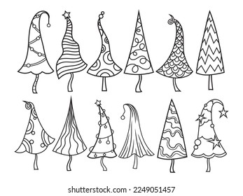 Set of stylized Christmas trees. Collection of various holidays trees. Vector illustration of holidays forest elements. New Year.