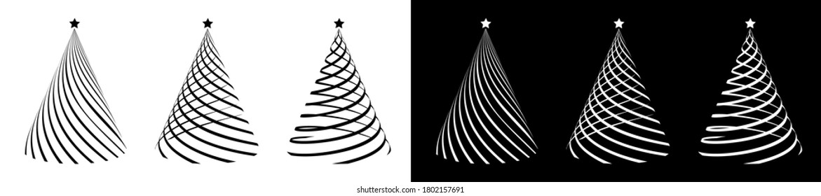 Set of stylized Christmas trees silhouettes, entwined with a festive ribbons. Christmas and New Year 2021 Icons. Black and white vector