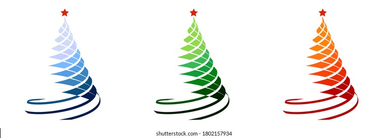Set of stylized Christmas trees silhouettes, entwined with a festive ribbons. Christmas and New Year 2021 Icons. Color vector