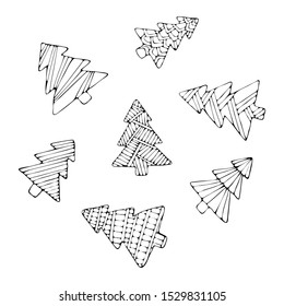 Set of stylized Christmas trees with small decor and patterns on white. Good well for coloring book pages.