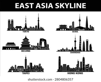 A set of stylized city skylines featuring Tokyo, Seoul, Beijing, Shanghai, Taipei, and Hong Kong.