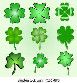 set of stylized  clover leaves for design to saint patric`s day vector illustration