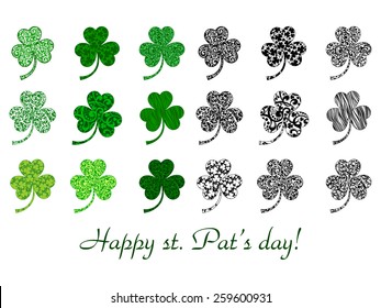 Set of stylized clover leaves isolated on white. Vector Illustration