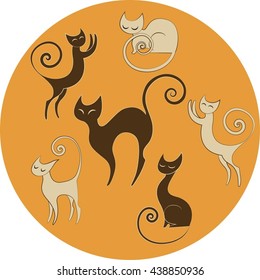 A set of stylized coffee-colored cats in different poses