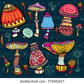 Set of stylized colored mushrooms