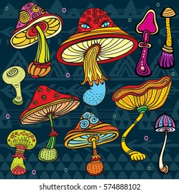 Set of stylized colored mushrooms