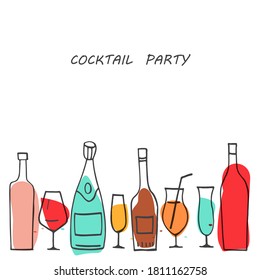 Set of stylized colorful bottles and glasses and inscription Cocktail party. Vector illustration.