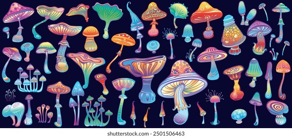 Set of Stylized colorful Magic Mushrooms, Handmade vector not AI