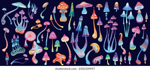 Set of Stylized colorful Magic Mushrooms, Handmade vector 