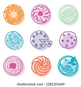set of stylized colorful sweets on white background