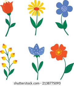 A set of stylized colors highlighted on a white background. Vector flowers in cartoon style, for greetings, weddings, flower design, web design.