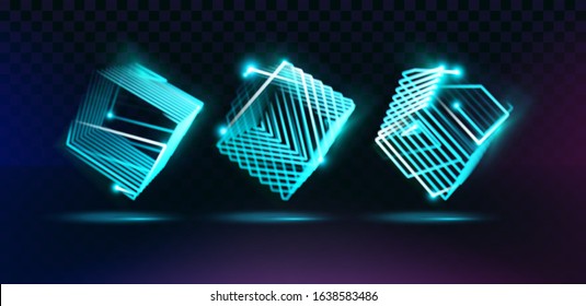 Set of stylized cubes. A collection of neon gratings with their structure transmitting a volumetric cube. A set of 3d objects consists of luminous lines on a transparent background. Vector. - Powered by Shutterstock - Get 15% off with code: PIKWIZARD15
