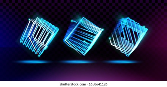 Set of stylized cubes. A collection of neon gratings with their structure transmitting a volumetric cube. A set of 3d objects consists of luminous lines on a transparent background. Vector.